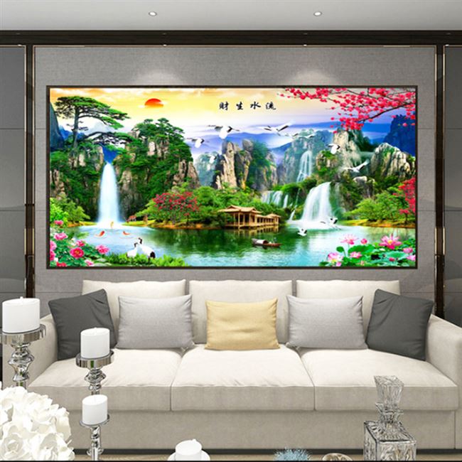 方钻满钻钻石画新款客厅山水风景贴钻十字绣流水生财钻石绣聚宝盆