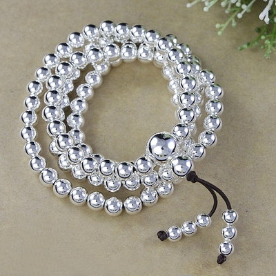 999银手链男转运珠足银手链女108颗佛珠手链圆珠手串银饰念珠