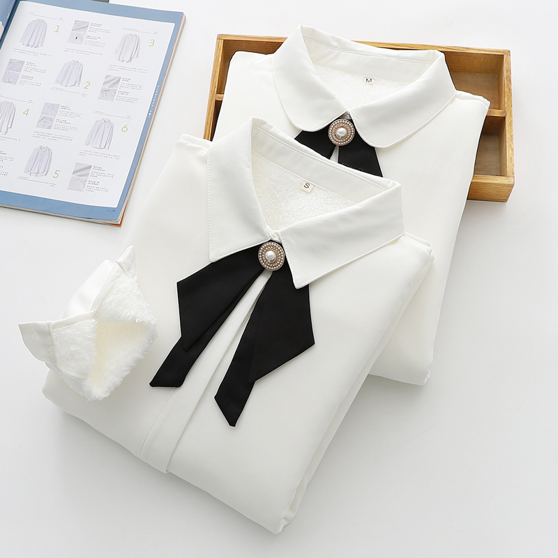 2021秋冬新款雪纺白色加绒长袖衬衫女领结蝴蝶结韩版宽松加厚衬衣