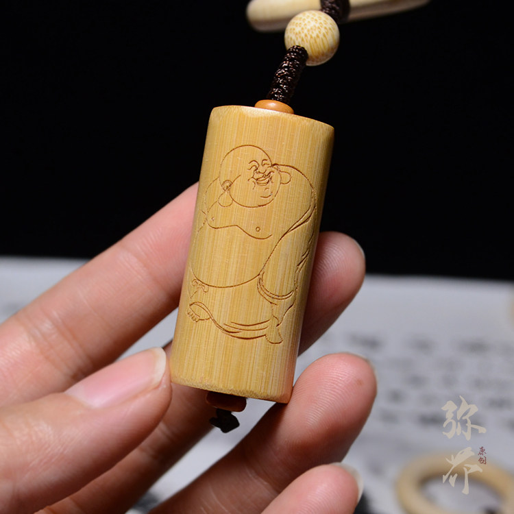 天然玉竹实心竹小手把件钥匙扣挂件浅雕弥勒佛文玩竹子随身挂饰男