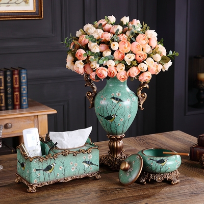 美式果盘套装奢华摆件客厅茶几纸巾盒装饰品家用欧式水果盘三件套