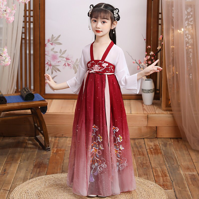 儿童汉服女红色古装女童中国风连衣裙春秋古风超仙齐胸襦裙小女