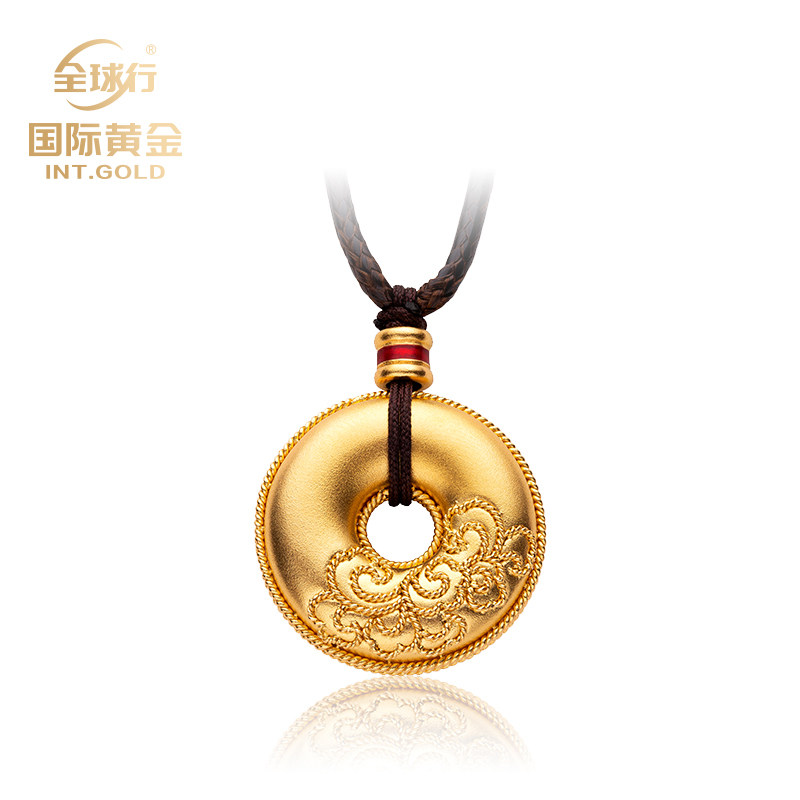 全球行古法黄金首饰吊坠男女牡丹祥云链坠999纯金祖庙平安扣正品