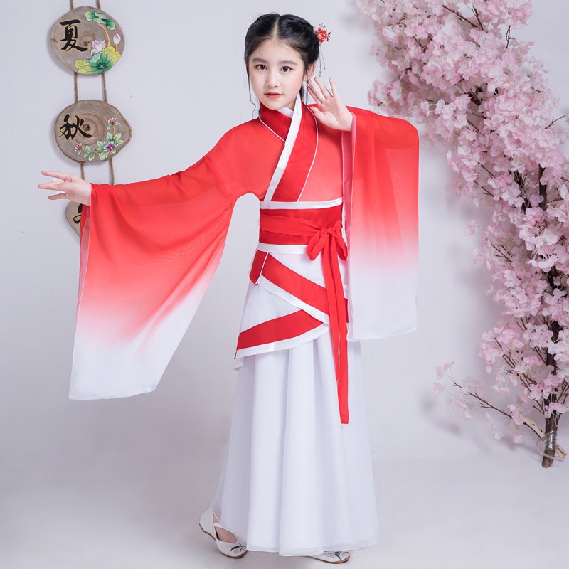 新品儿童古装汉服古典舞演出服中国风学生超仙渐变色飘逸舞台服装