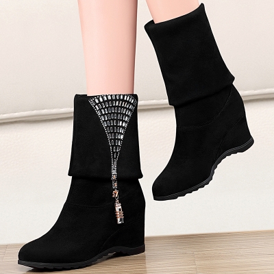 秋冬新品坡跟时尚水钻高跟女靴子中筒靴折叠两穿长靴增高女鞋冬季新款