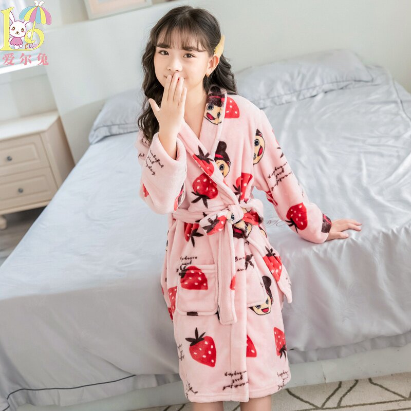 儿童法兰绒睡袍女童秋冬季中大童珊瑚绒浴袍宝宝睡衣女孩子家居