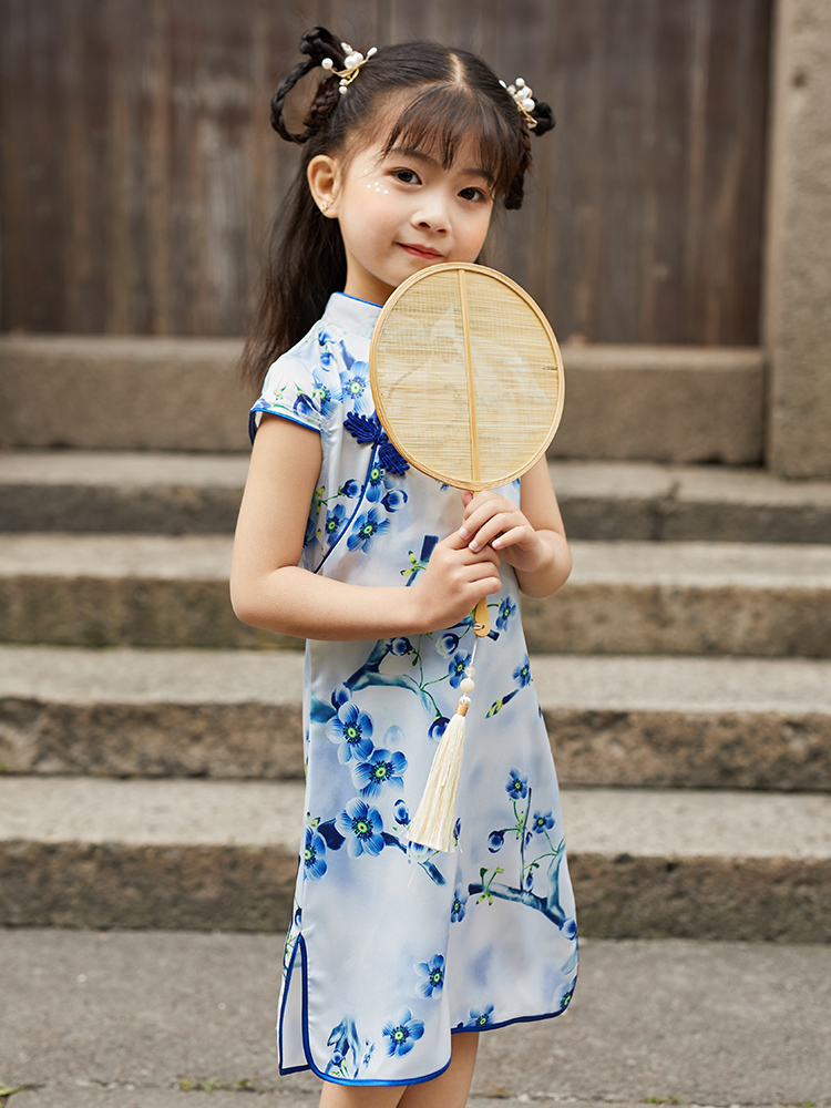女童旗袍裙改良汉服夏儿童唐装中国风青花瓷丝绸复古秋连衣裙大童