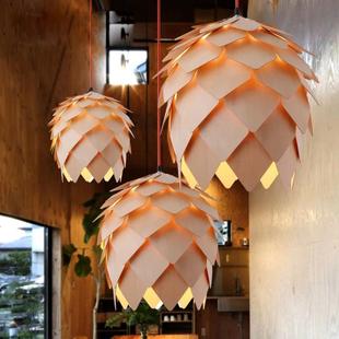北欧创意松果艺术灯原木鸟笼灯酒吧卧室书房餐厅酒店木艺氛围吊灯