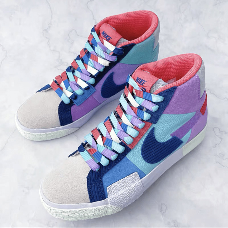 适配nikeblazermid蓝紫色拼接断钩星空扎染字母红色渐变板鞋鞋带