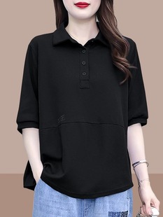 黑色polo领短袖T恤女夏季2024欧货小衫宽松微胖轻奢高级感上衣
