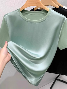 薄荷曼波醋酸T恤女圆领短袖2024夏季新款高级感法式轻奢缎面上衣