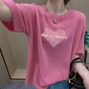 粉色针织短袖女春夏韩系印花t恤大码宽松休闲薄款打底衫半袖上衣