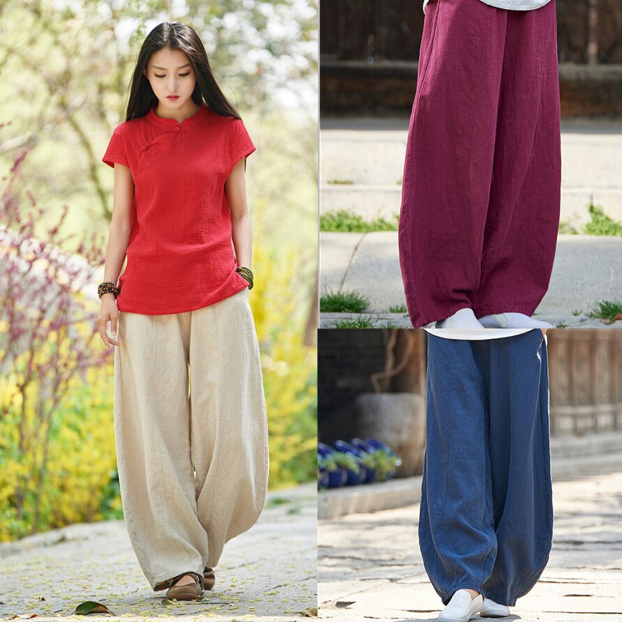 2021新款太极裤女棉麻宽松灯笼裤禅修静坐瑜伽练功休闲长裤武术裤