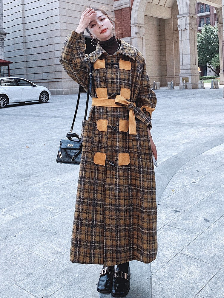 牛角扣格子毛呢外套女2020新款韩版ins潮小个子复古流行冬装大衣