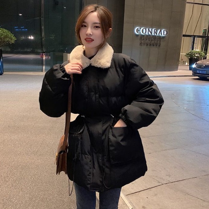 黑色羽绒服女中长款小个子收腰