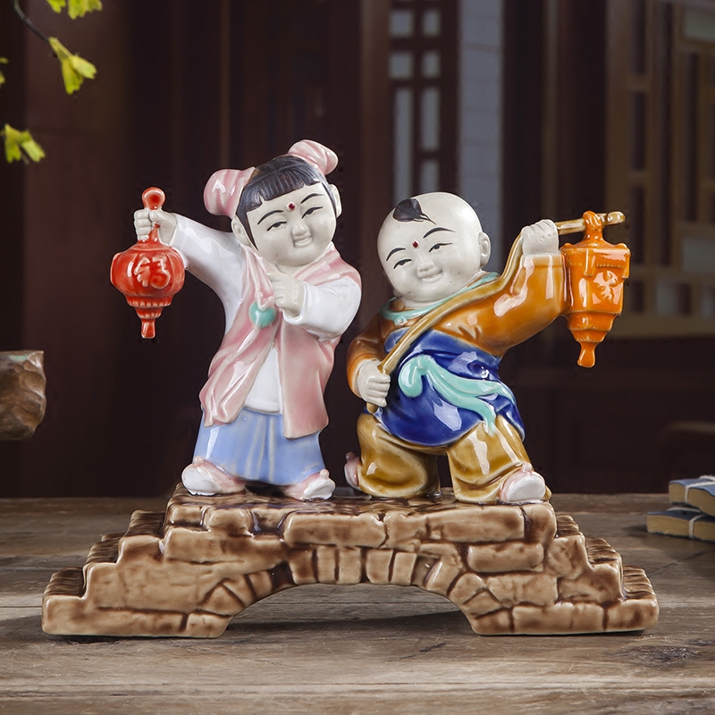 石湾公仔桌面小摆件中国风创意可爱卡通陶瓷人物家居饰品金童玉女