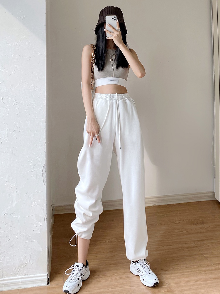 白色运动裤女宽松束脚夏季薄款灰色小个子抽绳休闲阔腿哈伦卫裤潮