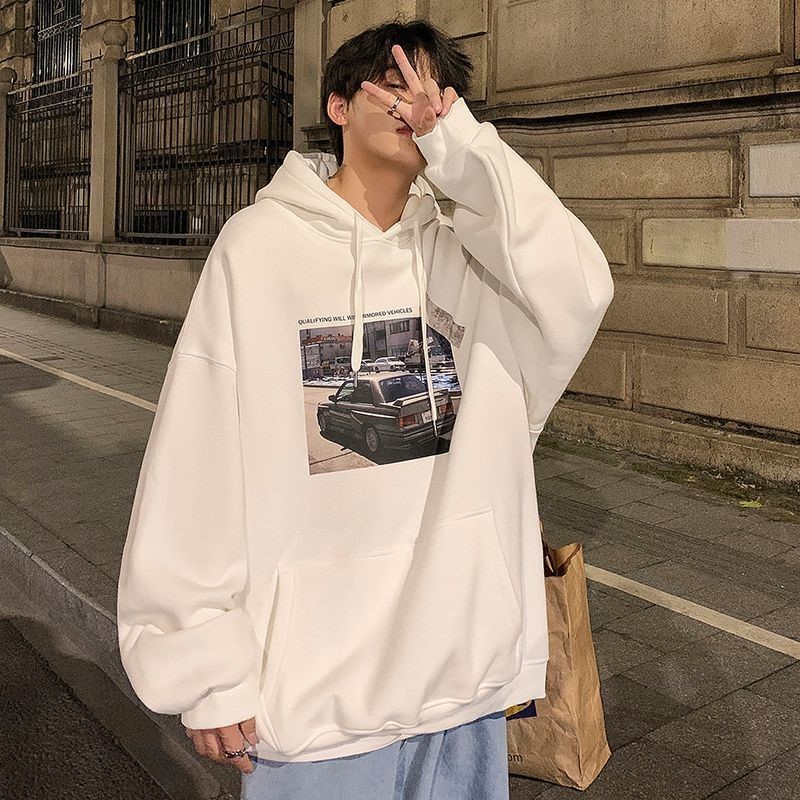 国潮ins印花卫衣男宽松潮流连帽白色韩版春秋宽港风男生帽衫外套