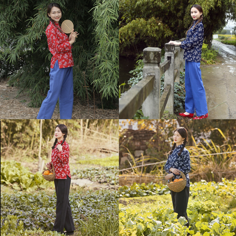 村姑服装女纯棉碎花乡村风花衣服怀旧服装采茶舞蹈服阿庆嫂演出服