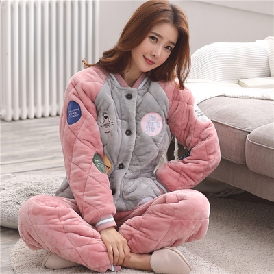 冬款夹棉睡衣女加厚加棉可爱保暖三层珊瑚绒可外穿冬季家居服套装