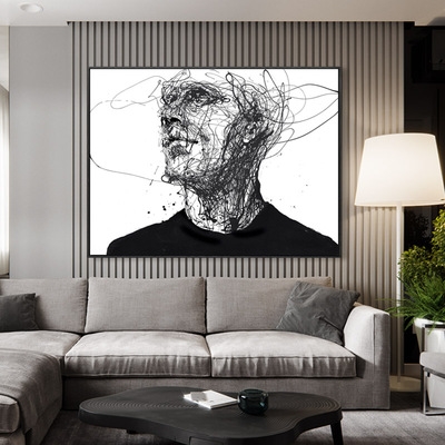 黑白艺术挂画客厅玄关大幅墙画抽象素描线条人物壁画工业风玄关