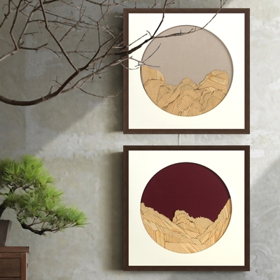 现代中式立体树皮实物装饰画客厅沙发床头组合餐厅挂画玄关正方.