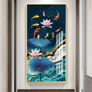 新品九鱼图入户玄关装饰画竖版九龙鱼挂画聚财招财玄幻壁画过道走