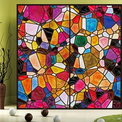 磨砂玻璃橱柜欧式艺术门彩绘静电贴纸彩色窗花复古教堂窗户贴膜衣