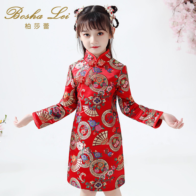 女童旗袍春季长袖儿童连衣裙宝宝女中国风唐装中式红色过年春秋