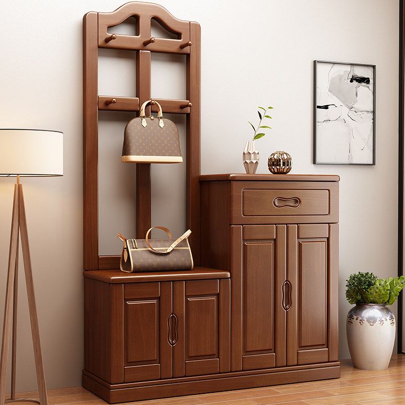 中式实木鞋柜带挂衣架一体多层收纳对开门家用门口入户靠墙储物柜
