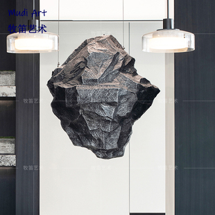 抽象玻璃钢黑色石头雕塑挂件售楼部营销中心大厅楼梯间艺术品摆件