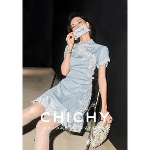 【新中式美学】CHICHY蕾丝拼接设计旗袍连衣裙女24夏季新款牛仔裙