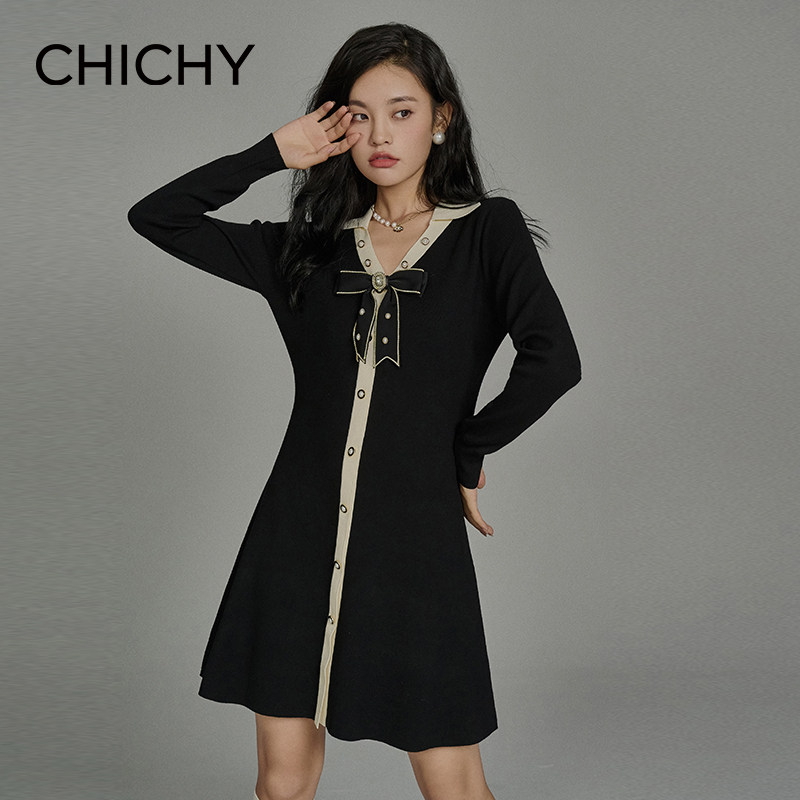 chichy2022春款气质修身针织显瘦连衣裙