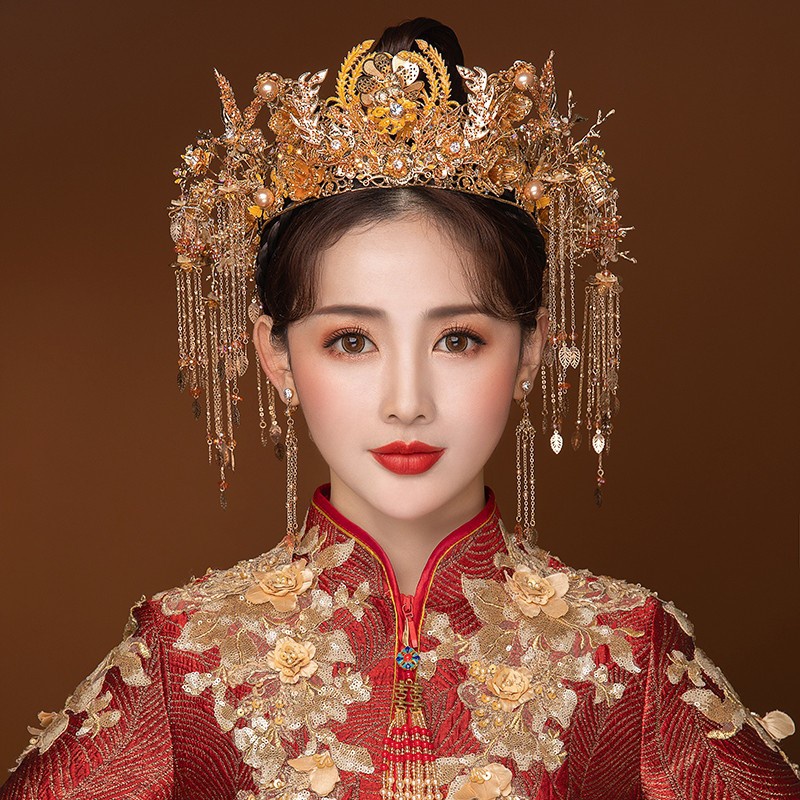 新娘头饰简单大方简约秀禾服显脸小皇冠结婚中式中国风凤冠圆脸