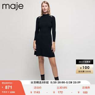 Maje Outlet女装黑色长袖收腰短款半高领针织连衣裙MFPRO01968