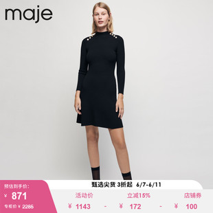 Maje Outlet女装黑色长袖收腰短款半高领针织连衣裙MFPRO01968