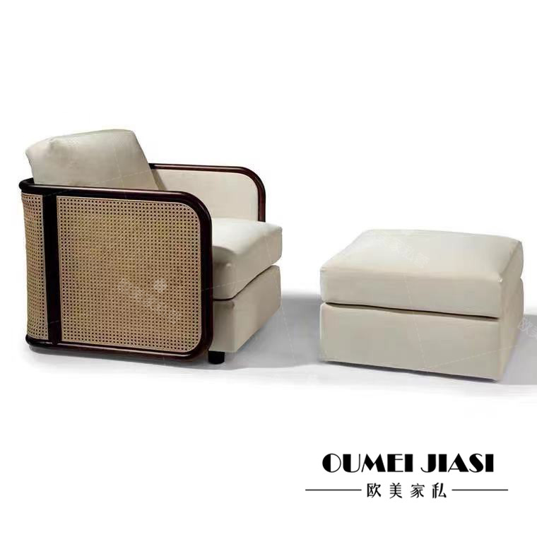 美式新款轻奢实木圆藤背时尚创意藤编软包椅意式休闲沙发椅洽谈椅