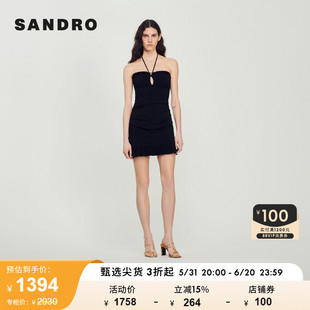 SANDRO Outlet夏季女装法式裹身黑色针织吊带连衣裙SFPRO03024