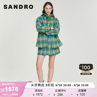 SANDRO Outlet女装休闲蓝绿色格纹衬衫式羊毛毛呢外套SFPOU00479