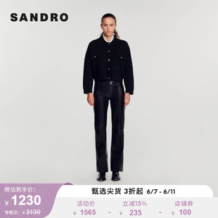 SANDROOutlet女装黑色短款休闲翻领针织开衫外搭SFPCA00838