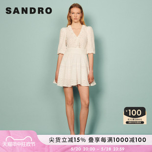 SANDRO Outlet女装春夏气质蕾丝花边白色V领短款连衣裙SFPRO02192