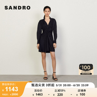SANDRO Outlet春夏女装法式V领长袖收腰职业夏季连衣裙SFPRO01105
