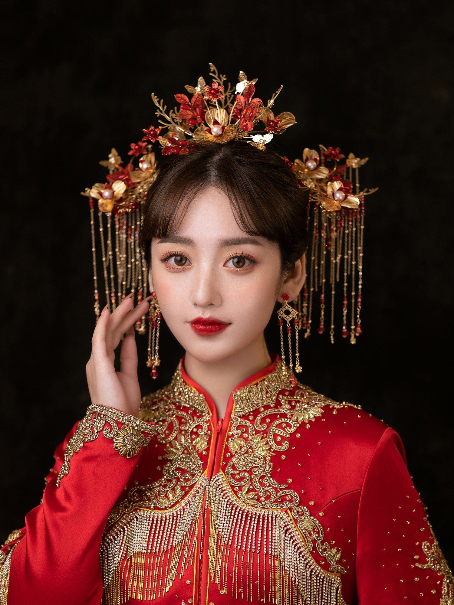 秀禾头饰新娘2021新款简单大气中式红色凤冠婚礼秀禾服古装发饰