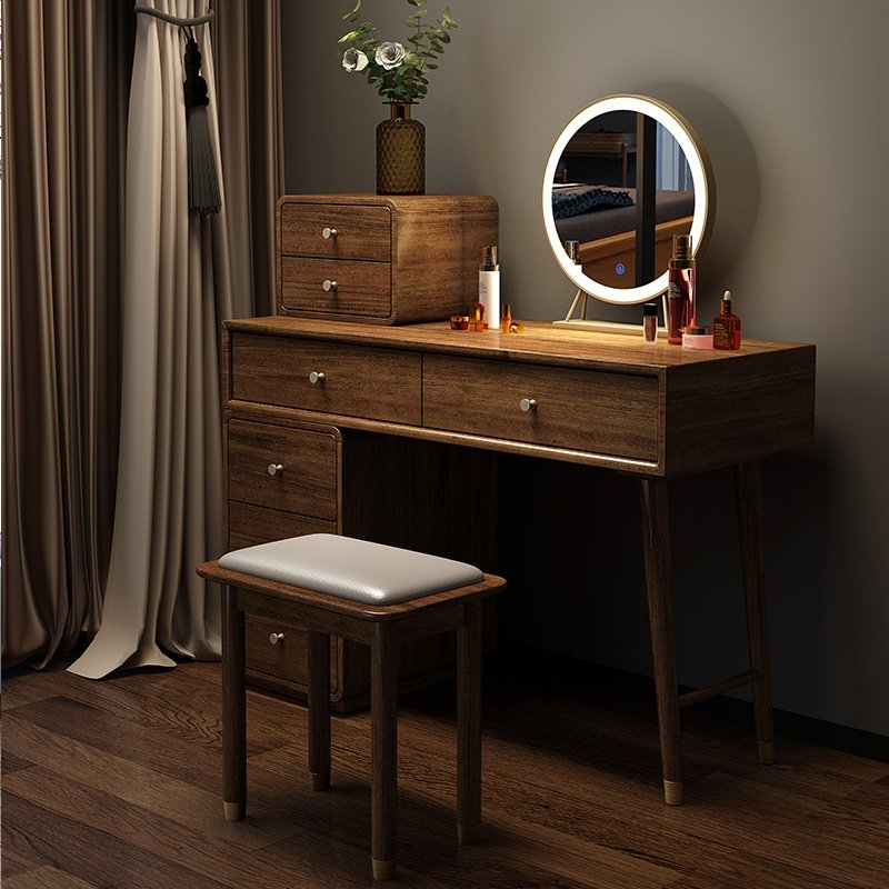 新中式全实木梳妆台带灯卧室收纳柜一体简约现代小户型胡桃木家