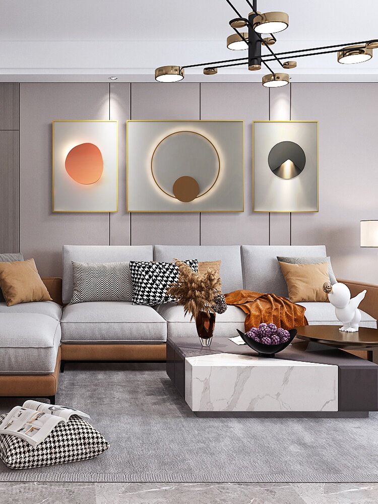 热销沙发背景墙装饰 3d立体 大气_现代轻奢发光客厅装饰画三联画3d