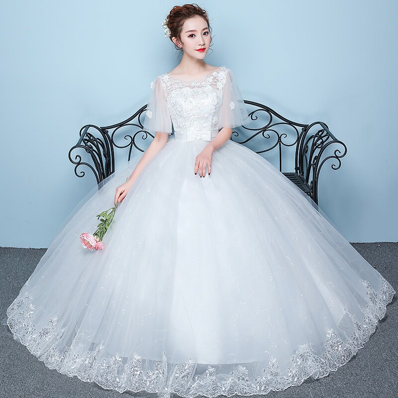 轻婚纱礼服2019新款新娘结婚一字肩长袖韩式修身显瘦孕妇长拖尾女