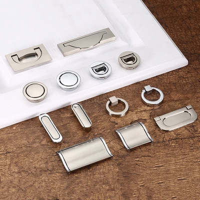 榻榻米圆形不锈钢色拉手内嵌隐形旋转嵌入式暗抽屉衣柜门明装扣手