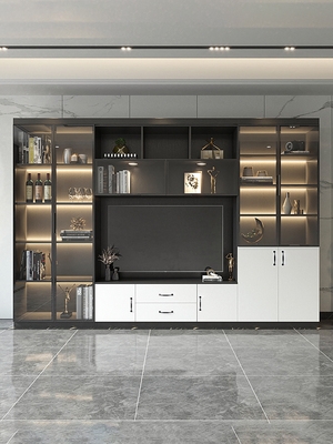 电视柜陈列柜一体客厅玻璃门装饰柜靠墙到顶背景柜定制带灯展示柜