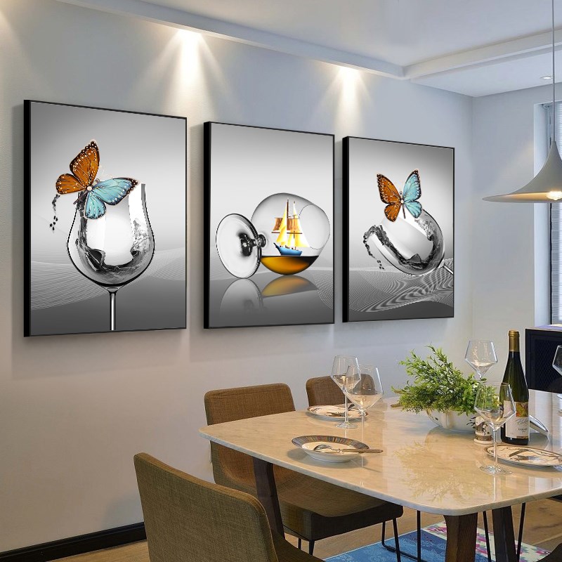 现在简约餐厅装饰画北欧轻奢创意酒杯三联画饭厅抽象壁画餐桌挂画