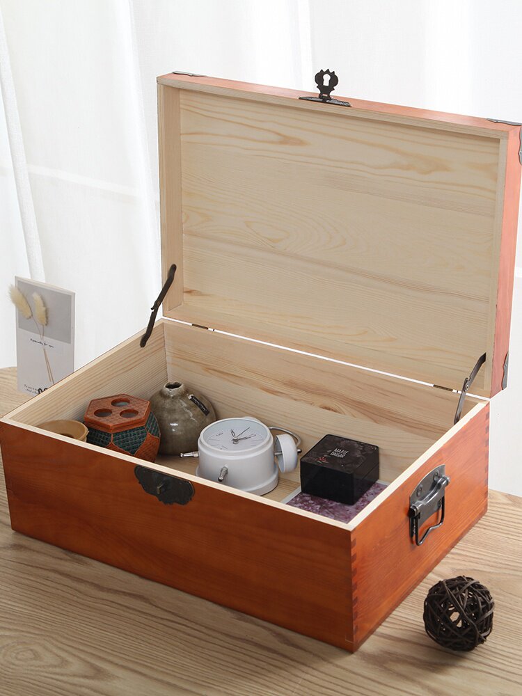 木盒子复古带锁收纳盒实木质桌面收纳盒杂物小箱子密码木箱子家用